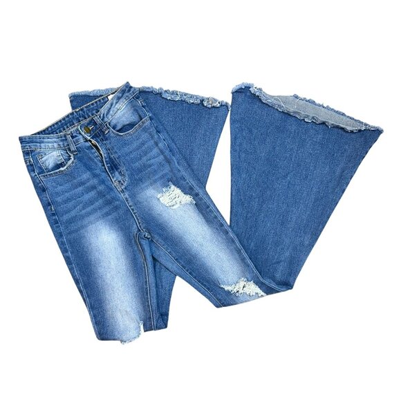 Womens High Rise Distressed Super Flare Leg Jeans Size 25 Medium Wash - Picture 3 of 6